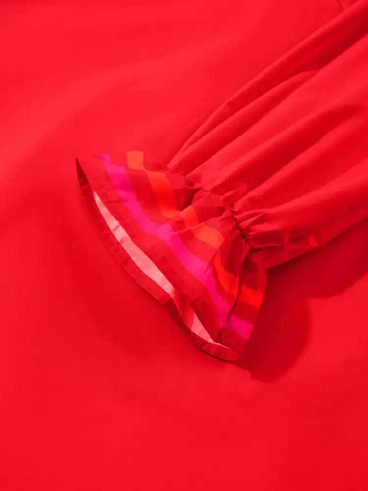 Striped Trim Ruffle Split Neck Long Sleeve Blouse