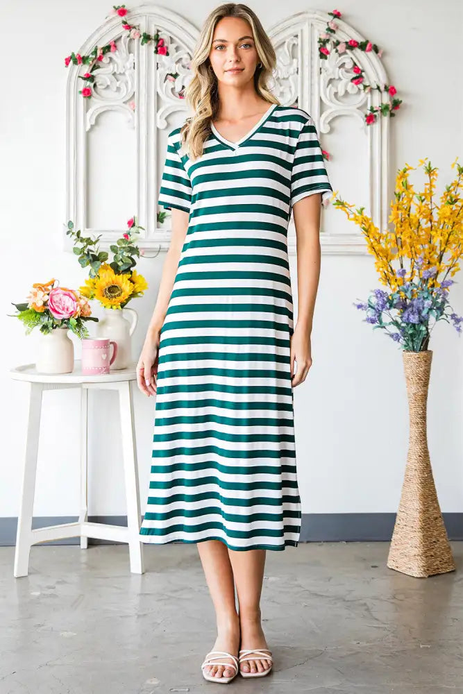 Striped V-Neck Short Sleeve Side Slit Dress