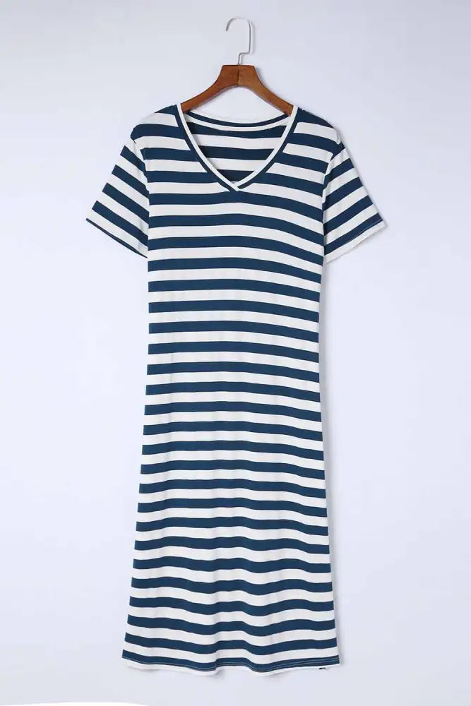 Striped V-Neck Short Sleeve Side Slit Dress