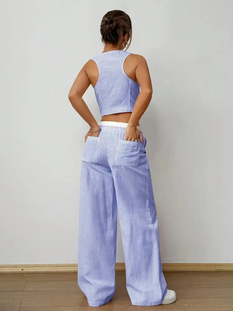 Striped Vest Top and Wide Leg Pants Two-Piece Set