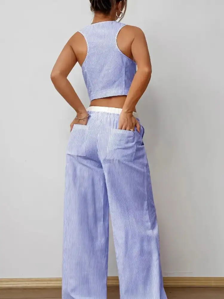Striped Vest Top and Wide Leg Pants Two-Piece Set