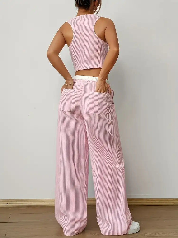 Striped Vest Top and Wide Leg Pants Two-Piece Set