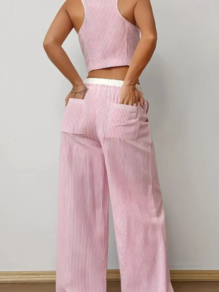 Striped Vest Top and Wide Leg Pants Two-Piece Set