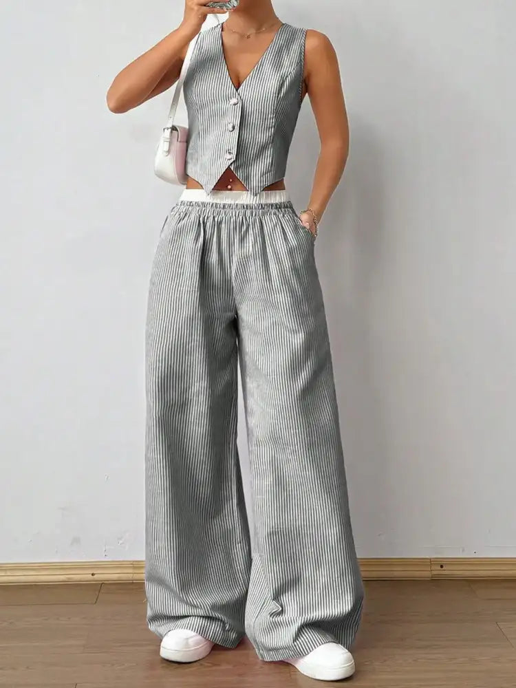 Striped Vest Top and Wide Leg Pants Two-Piece Set