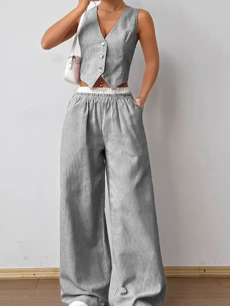 Striped Vest Top and Wide Leg Pants Two-Piece Set