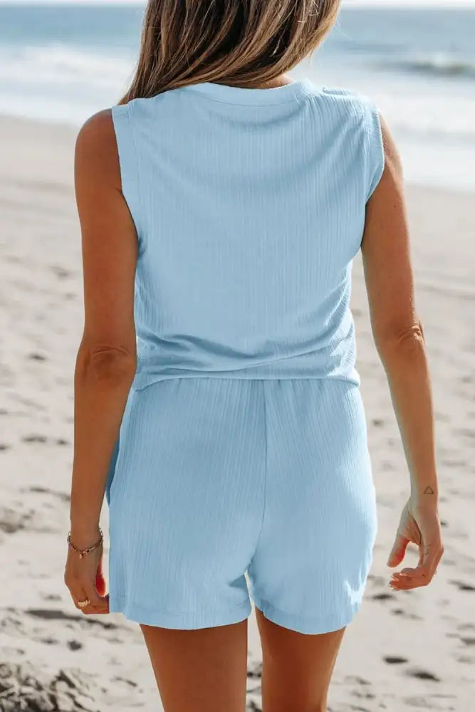 Summer Ribbed Sleeveless Drawstring Romper
