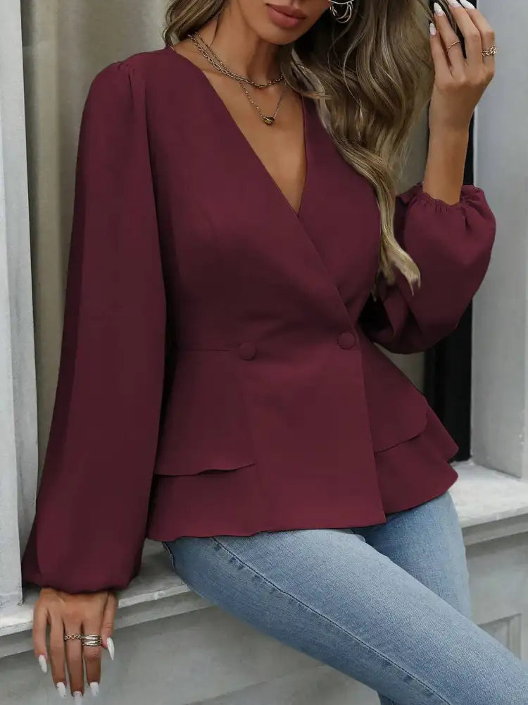 Surplice Balloon Sleeve Blouse