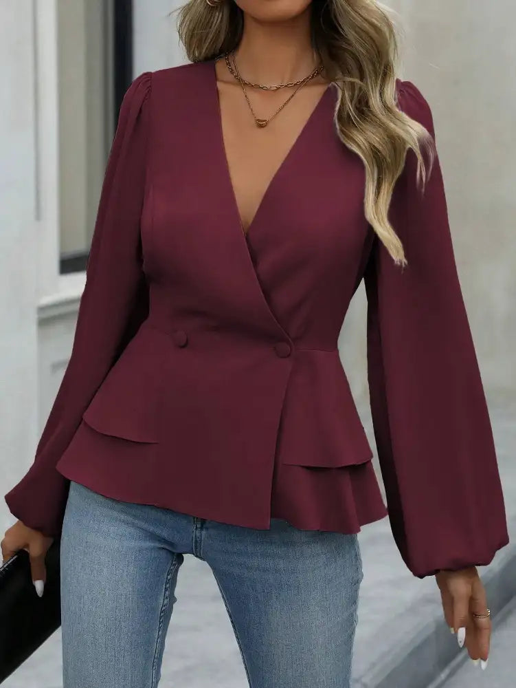Surplice Balloon Sleeve Blouse