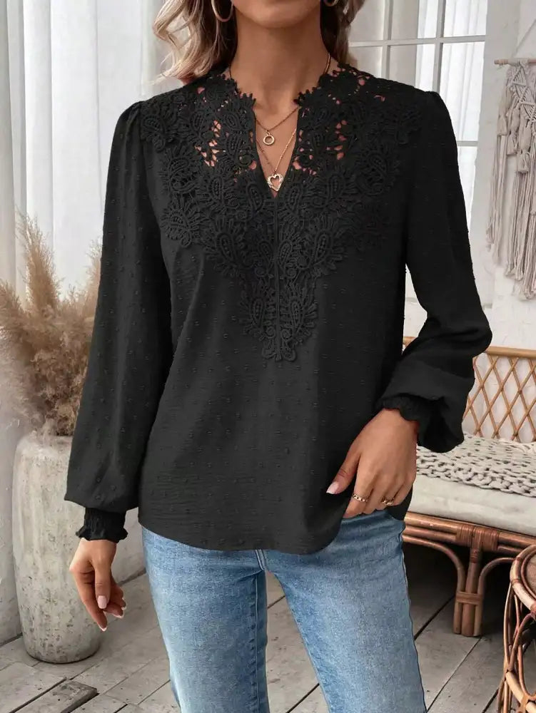 Swiss Dot Lace Detail Long Sleeve Blouse
