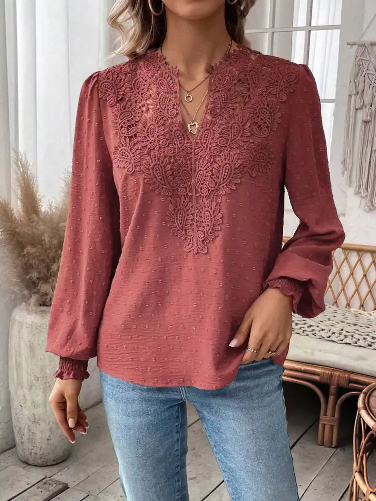 Swiss Dot Lace Detail Long Sleeve Blouse