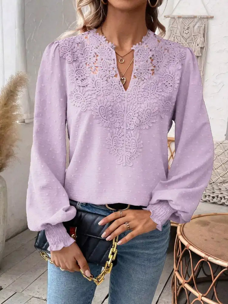 Swiss Dot Lace Detail Long Sleeve Blouse