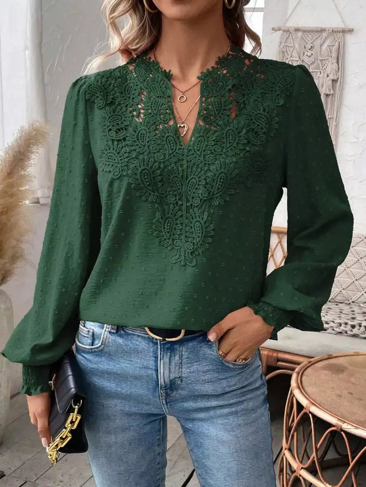 Swiss Dot Lace Detail Long Sleeve Blouse