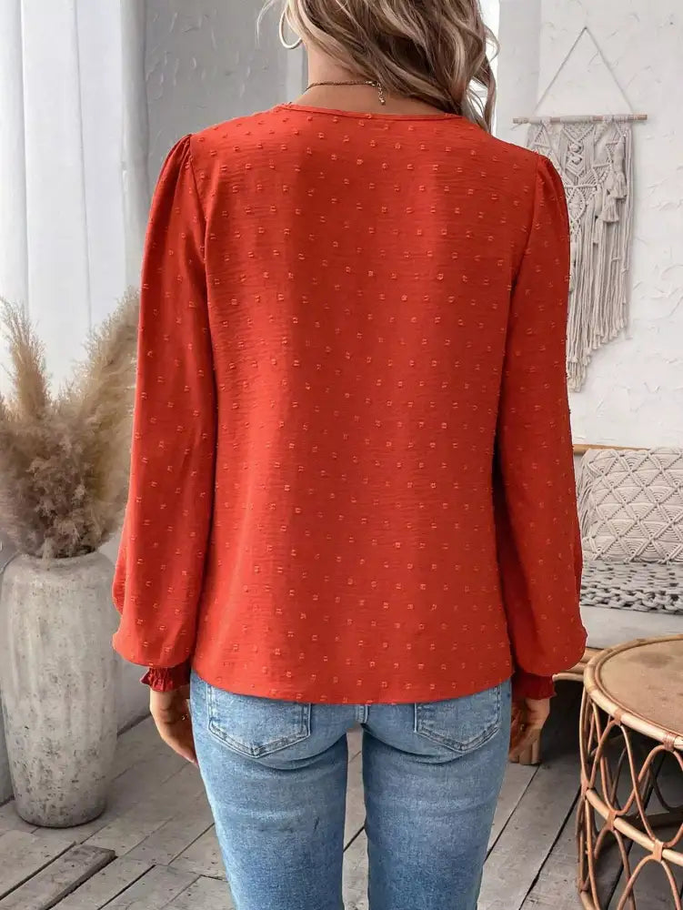 Swiss Dot Lace Detail Long Sleeve Blouse