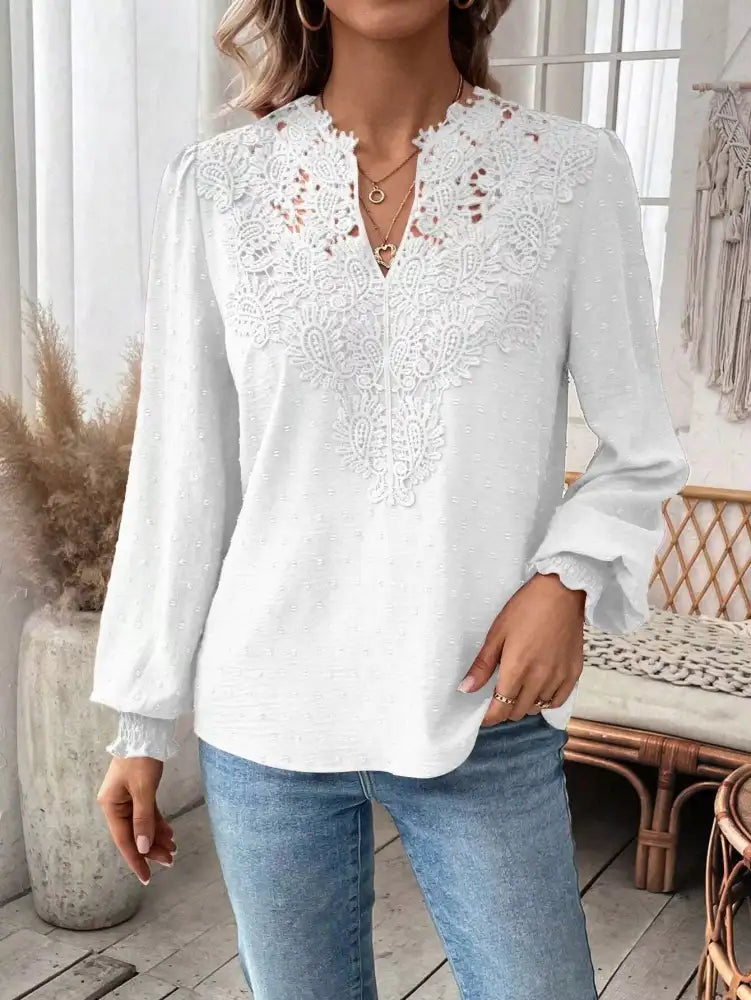 Swiss Dot Lace Detail Long Sleeve Blouse