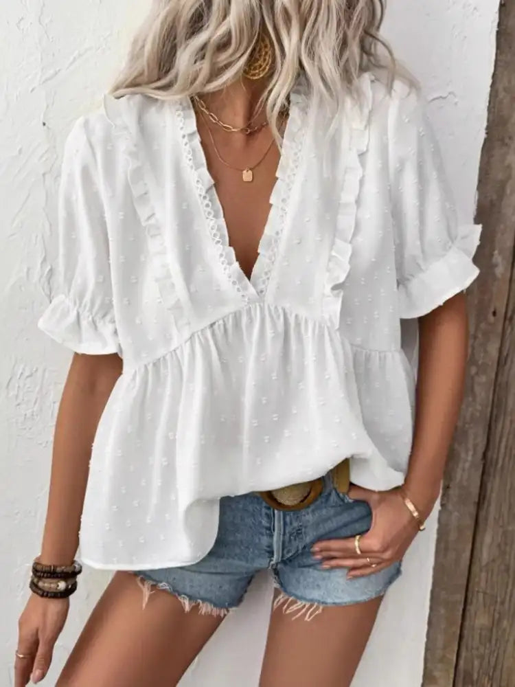 Swiss Dot Ruffled V-Neck Blouse with Flounce Sleeves