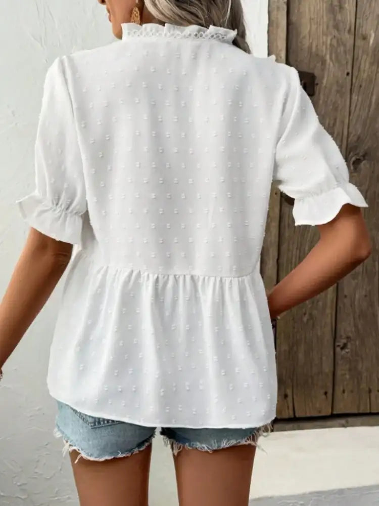 Swiss Dot Ruffled V-Neck Blouse with Flounce Sleeves