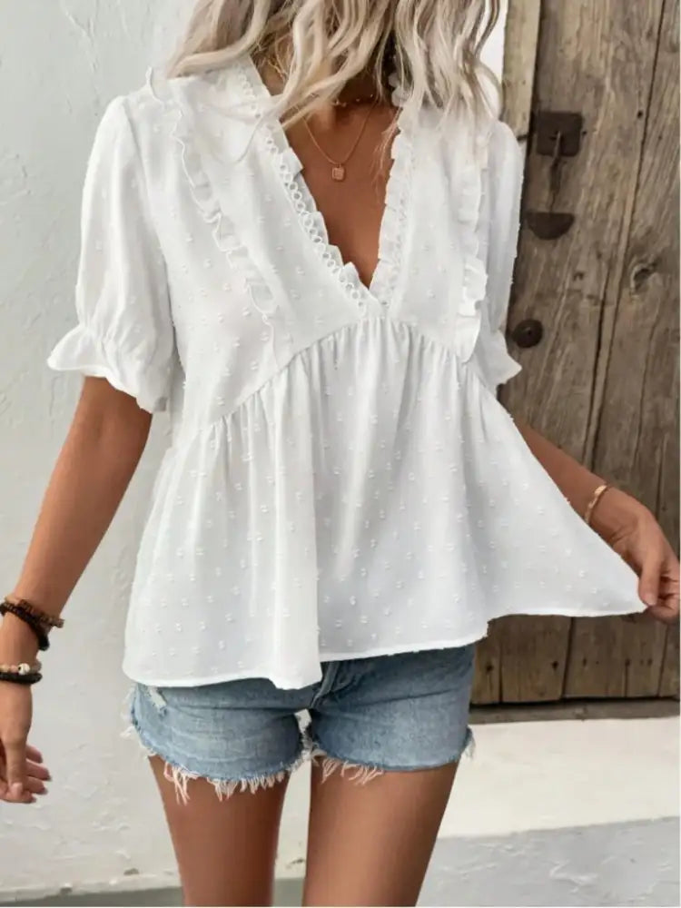 Swiss Dot Ruffled V-Neck Blouse with Flounce Sleeves