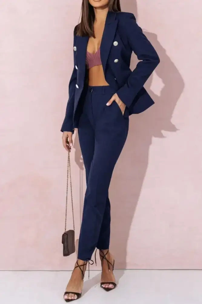 Tailored Blazer & Pants Set - Pink | woman’s navy blue pantsuit double-breasted
