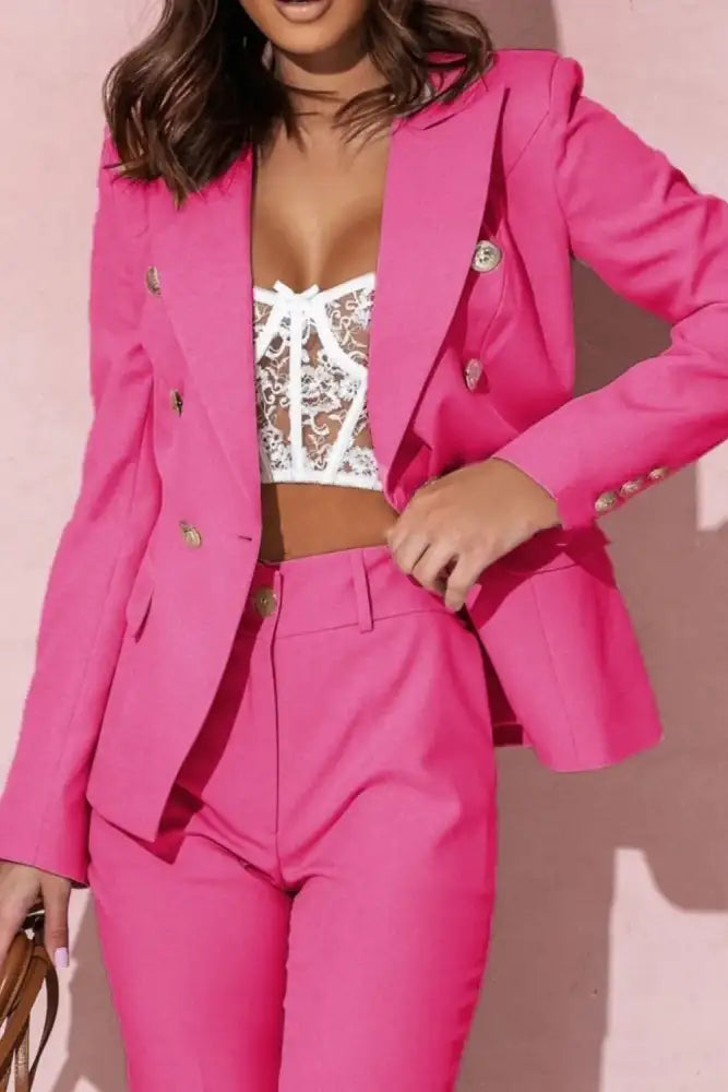 Tailored Blazer & Pants Set - Pink | women’s hot pink double-breasted blazer
