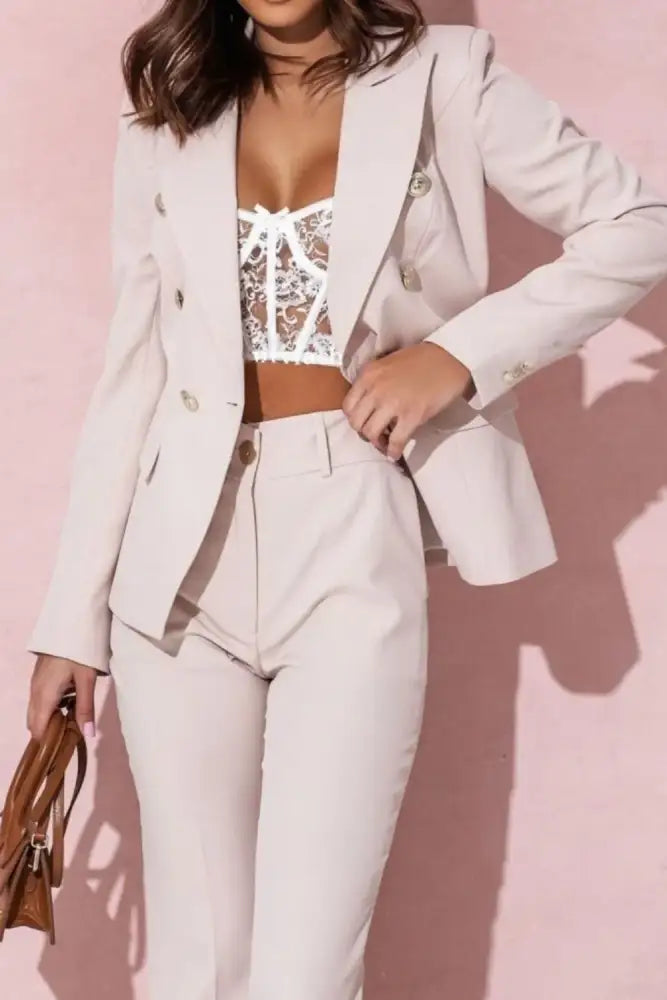 Tailored Blazer & Pants Set - Pink | light beige pantsuit white lace
