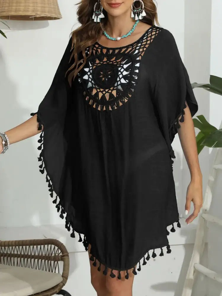 Tassel Crochet Round Neck Cover-Up