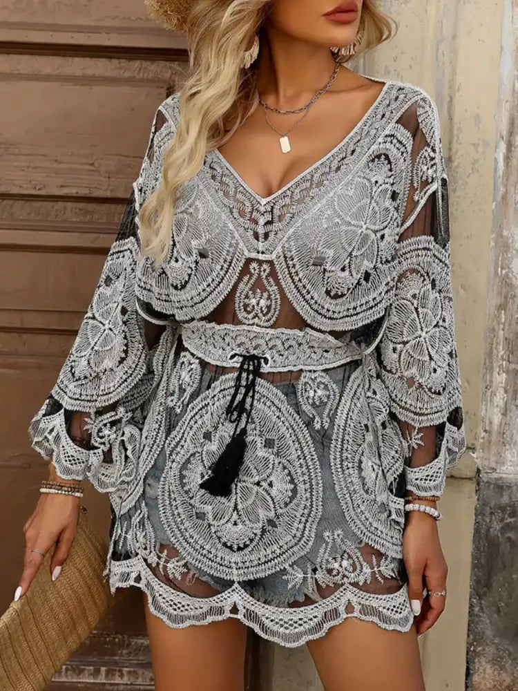 Tassel Printed V-Neck Cover-Up Dress