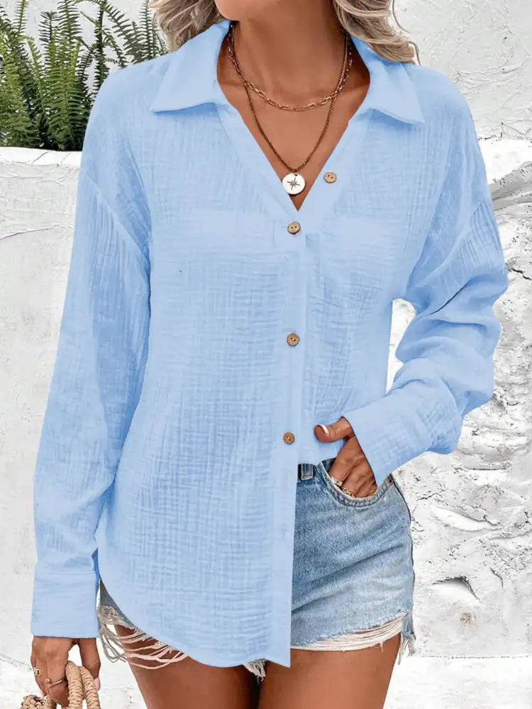 Texture Button Down Side Slit Long Sleeve Shirt