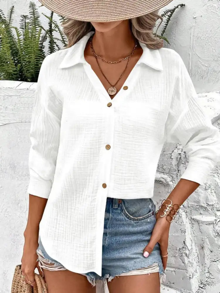 Texture Button Down Side Slit Long Sleeve Shirt