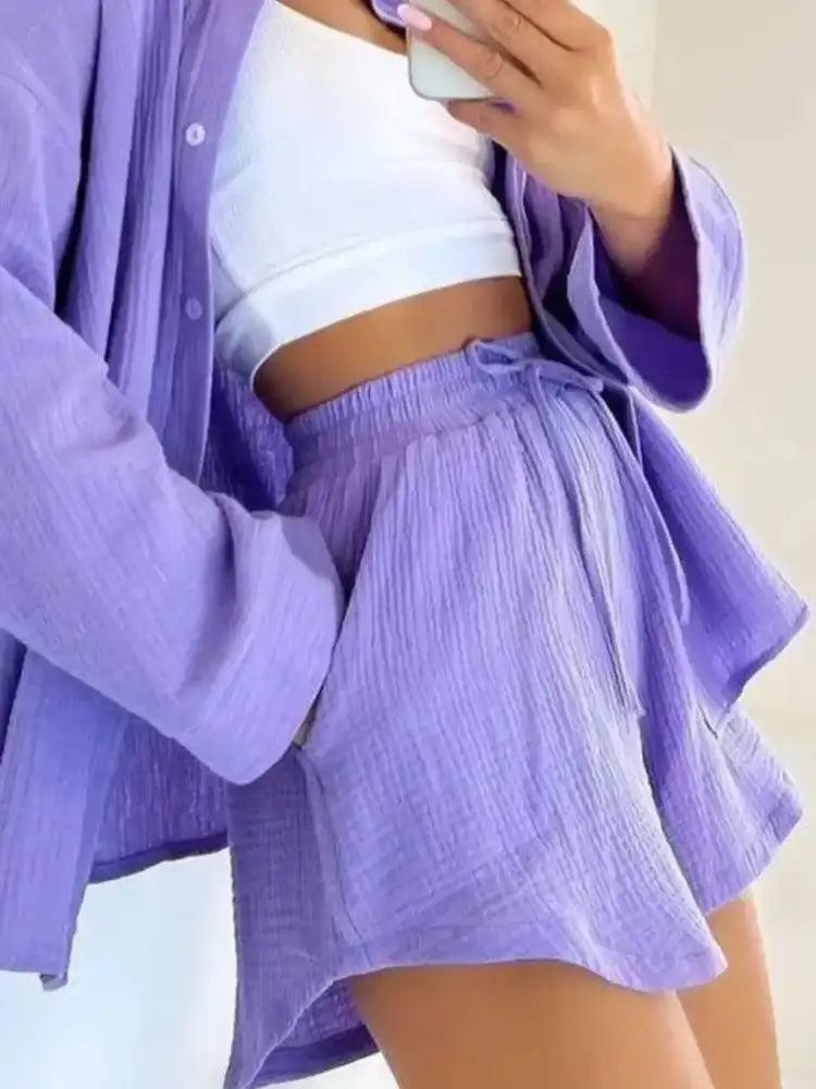 Texture Button Up Shirt and Shorts Set