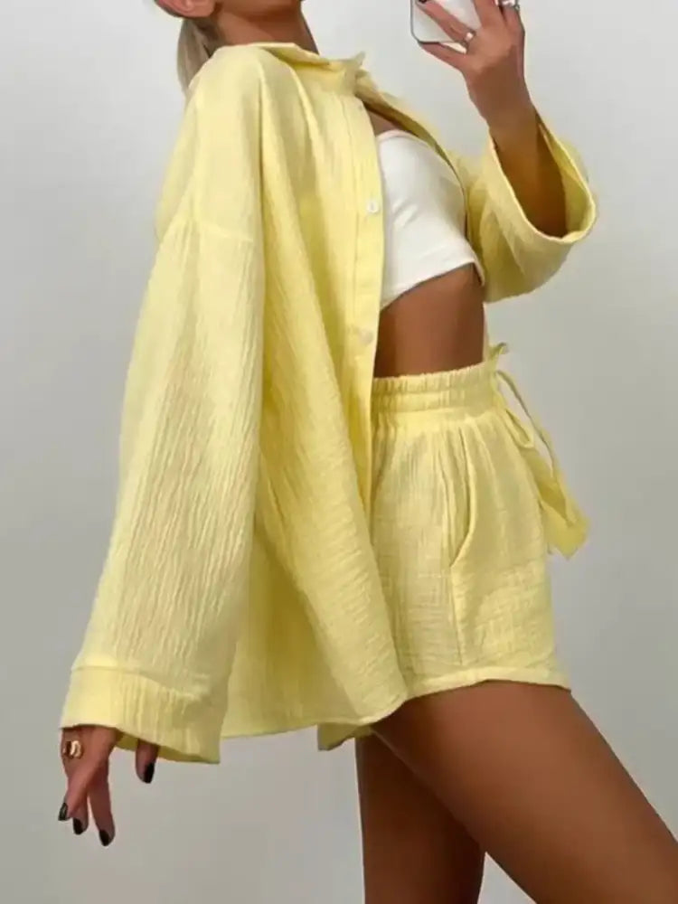 Texture Button Up Shirt and Shorts Set