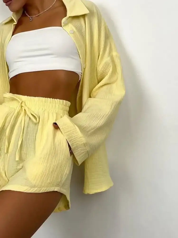 Texture Button Up Shirt and Shorts Set