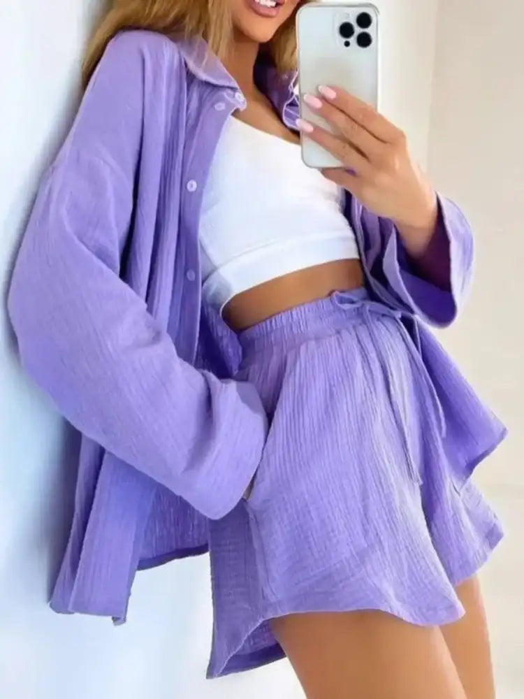 Texture Button Up Shirt and Shorts Set