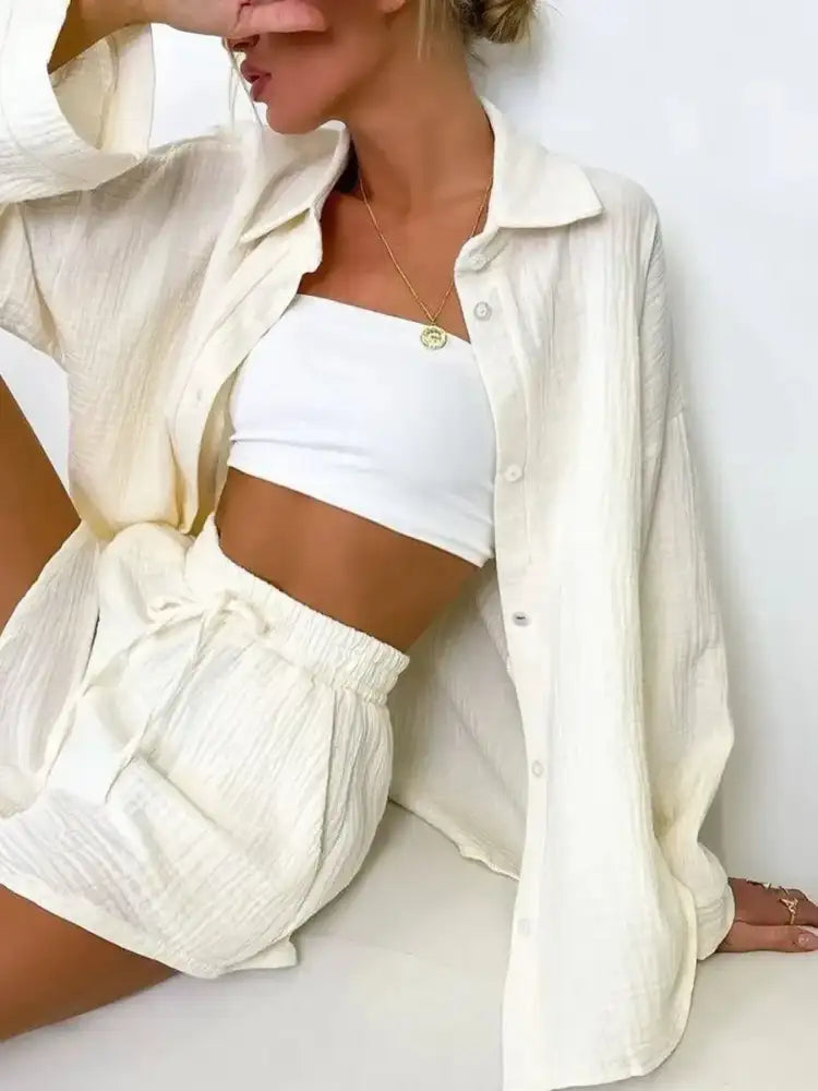 Texture Button Up Shirt and Shorts Set