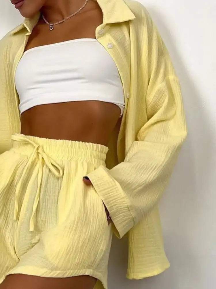 Texture Button Up Shirt and Shorts Set