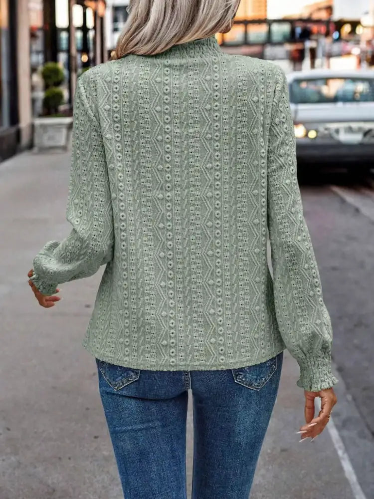 Texture Mock Neck Long Sleeve Blouse