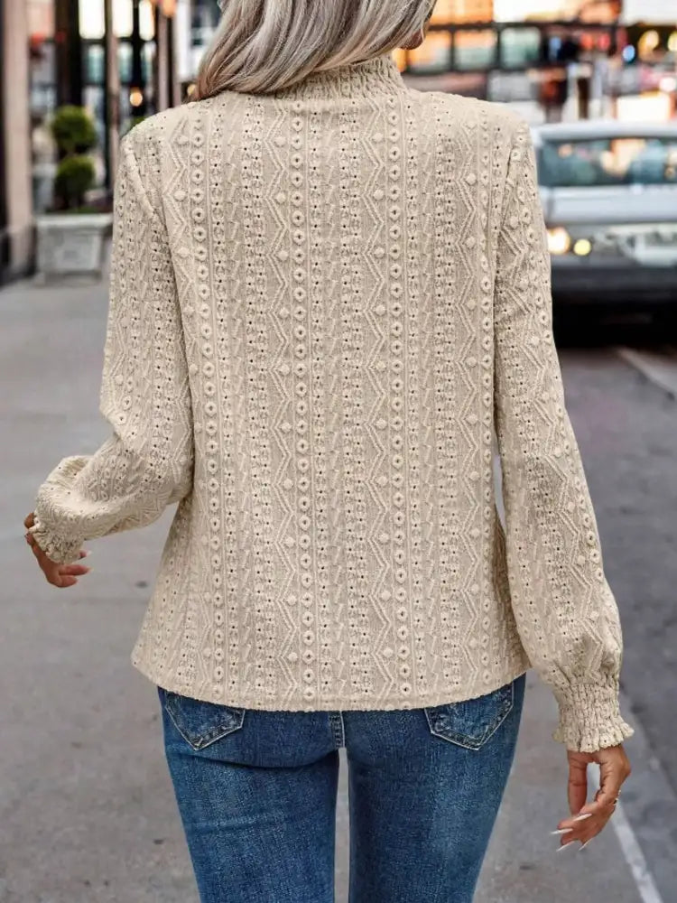 Texture Mock Neck Long Sleeve Blouse