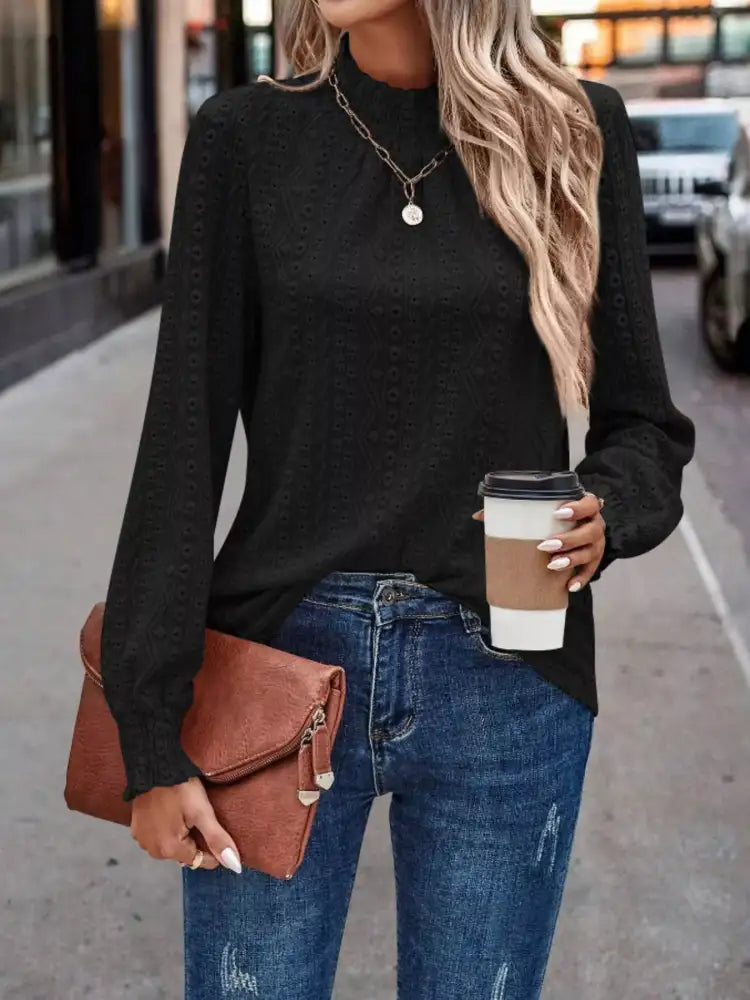 Texture Mock Neck Long Sleeve Blouse