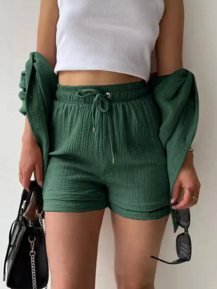 Textured Button Up Shirt and Shorts Set