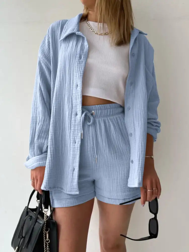 Textured Button Up Shirt and Shorts Set