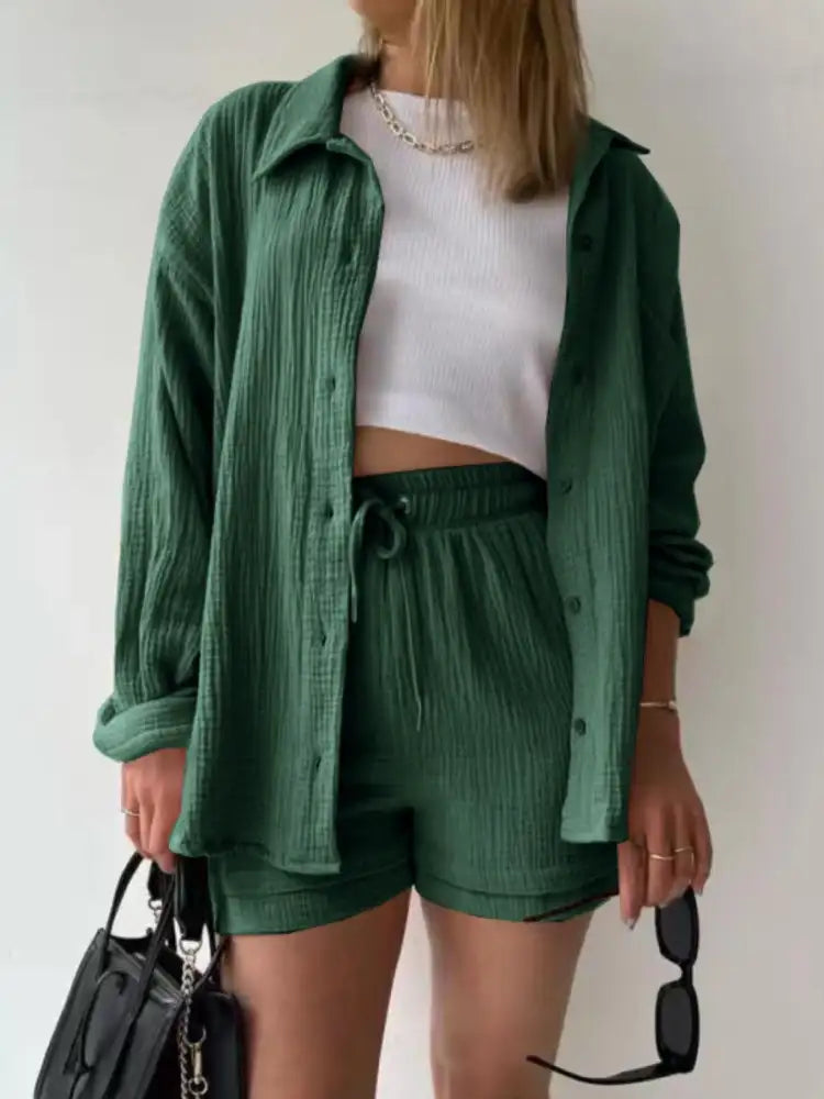 Textured Button Up Shirt and Shorts Set