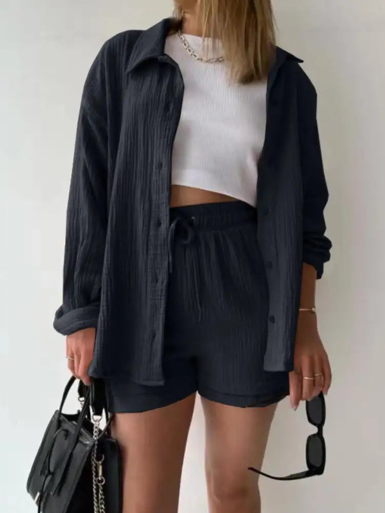 Textured Button Up Shirt and Shorts Set