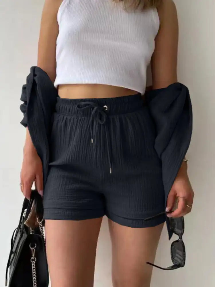 Textured Button Up Shirt and Shorts Set