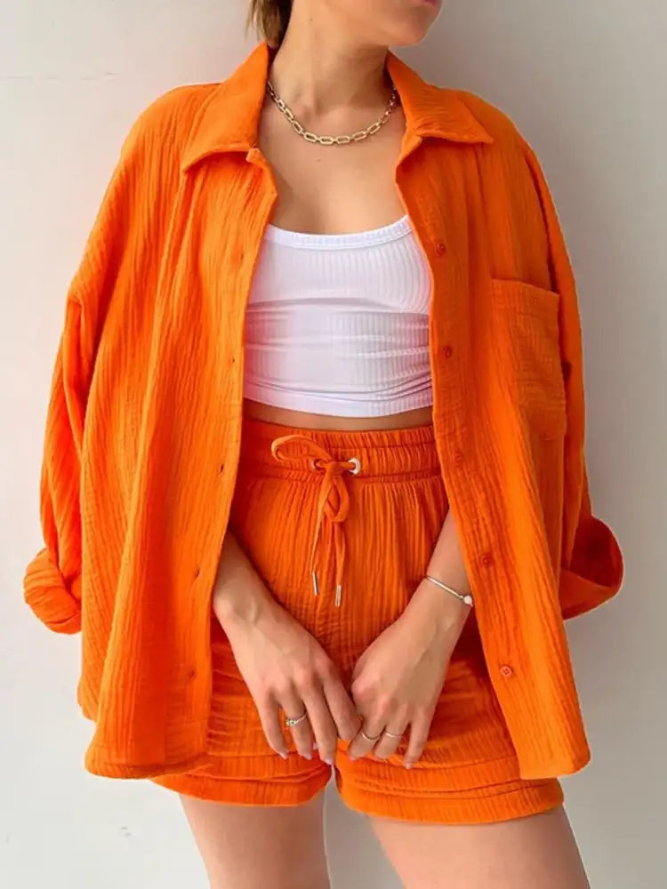 Textured Button Up Shirt and Shorts Set