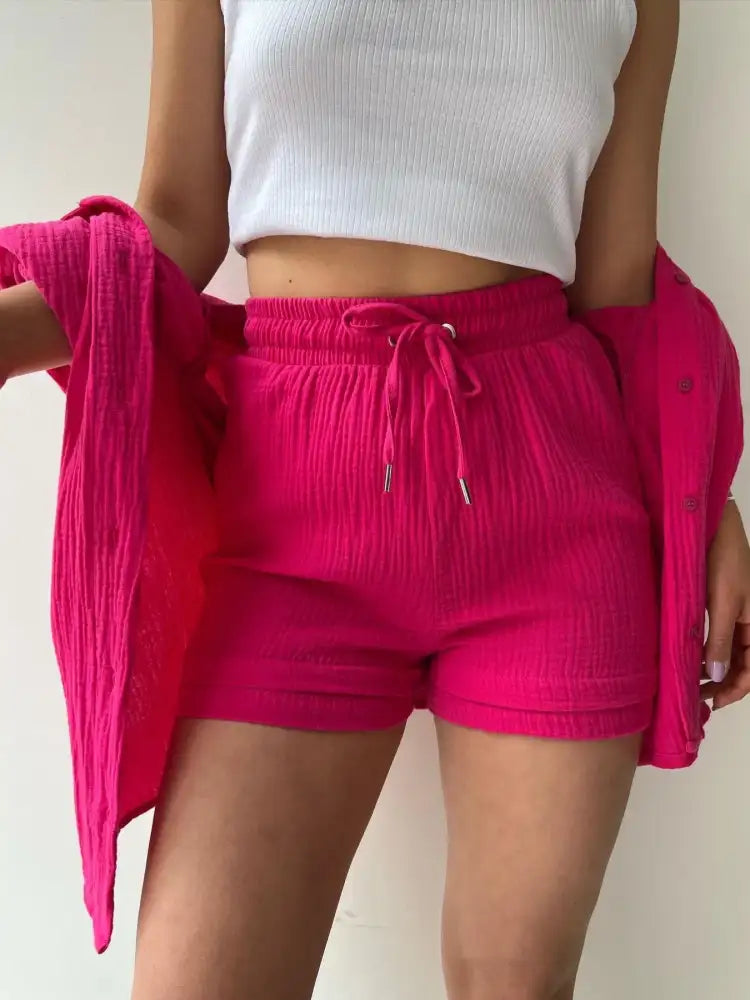 Textured Button Up Shirt and Shorts Set