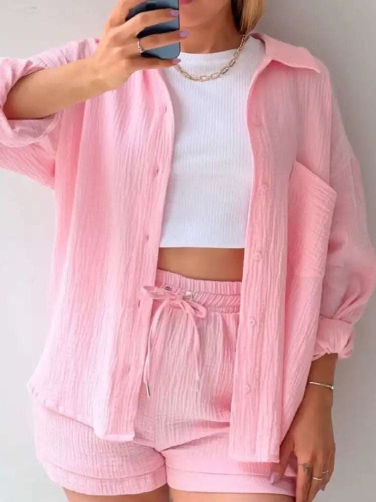 Textured Button Up Shirt and Shorts Set