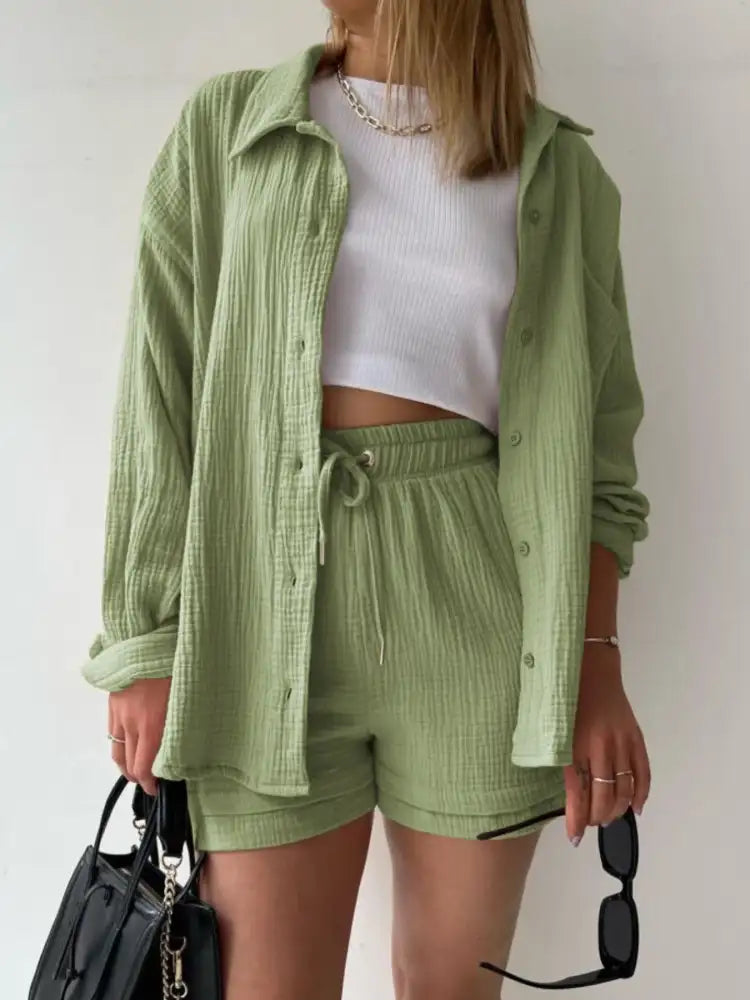 Textured Button Up Shirt and Shorts Set
