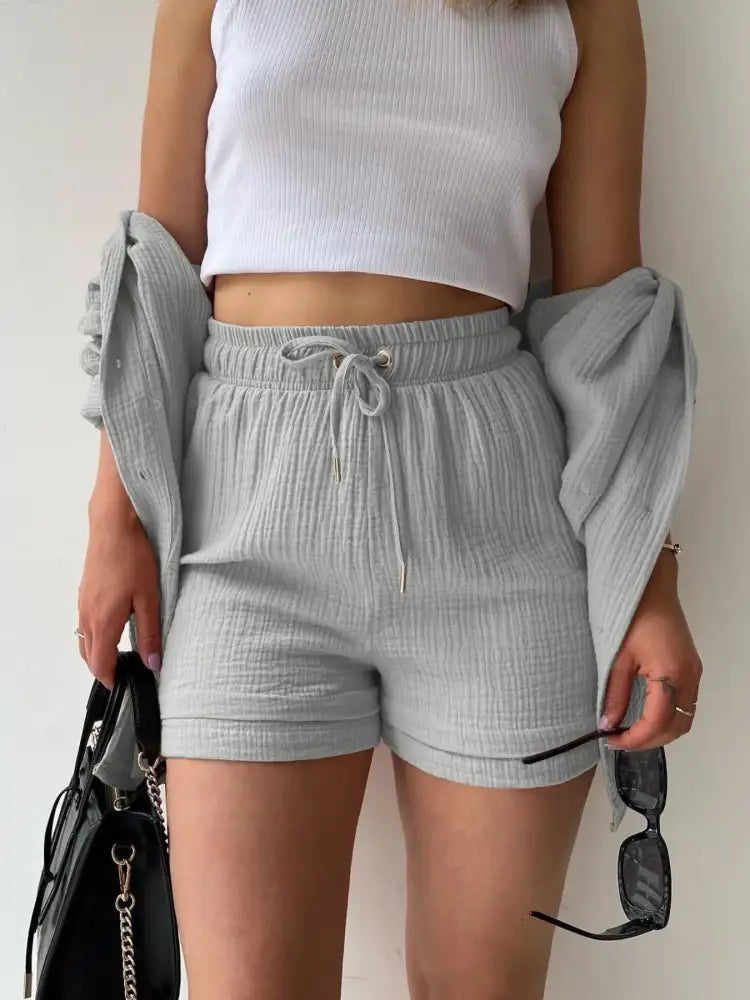 Textured Button Up Shirt and Shorts Set