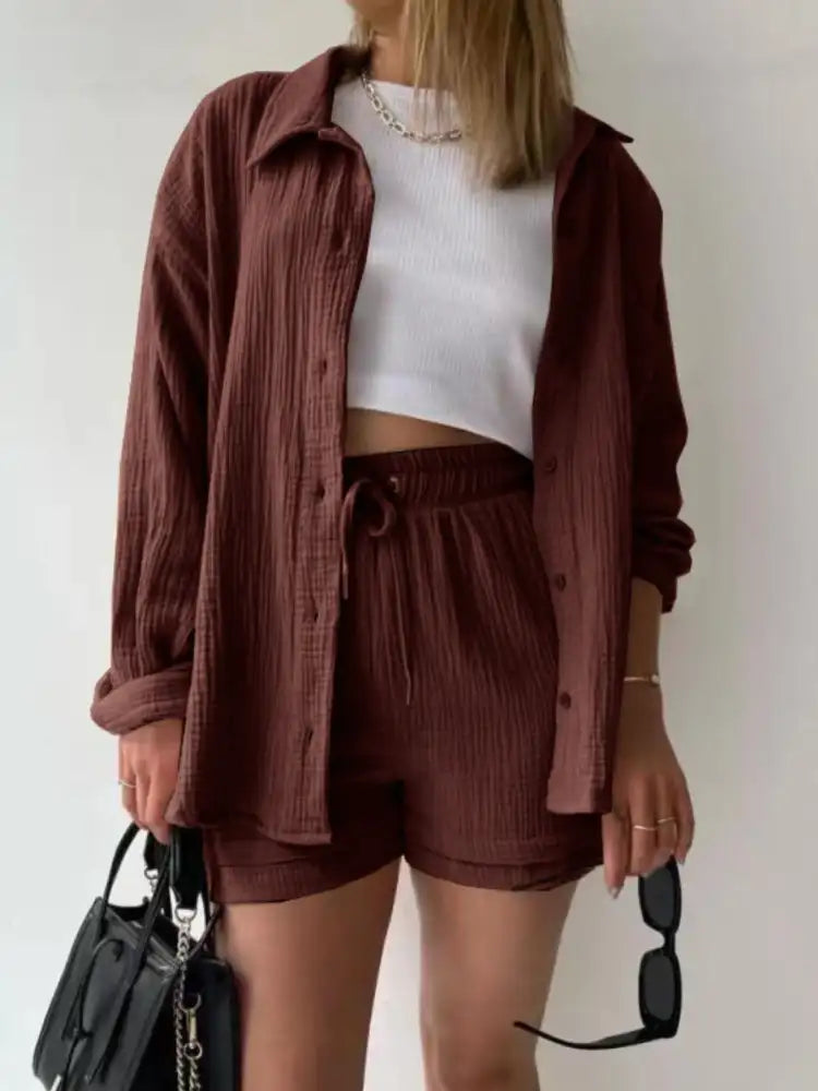 Textured Button Up Shirt and Shorts Set