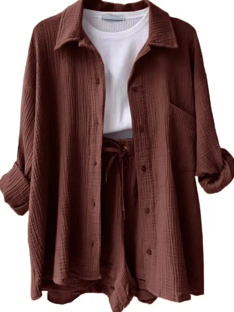 Textured Button Up Shirt and Shorts Set