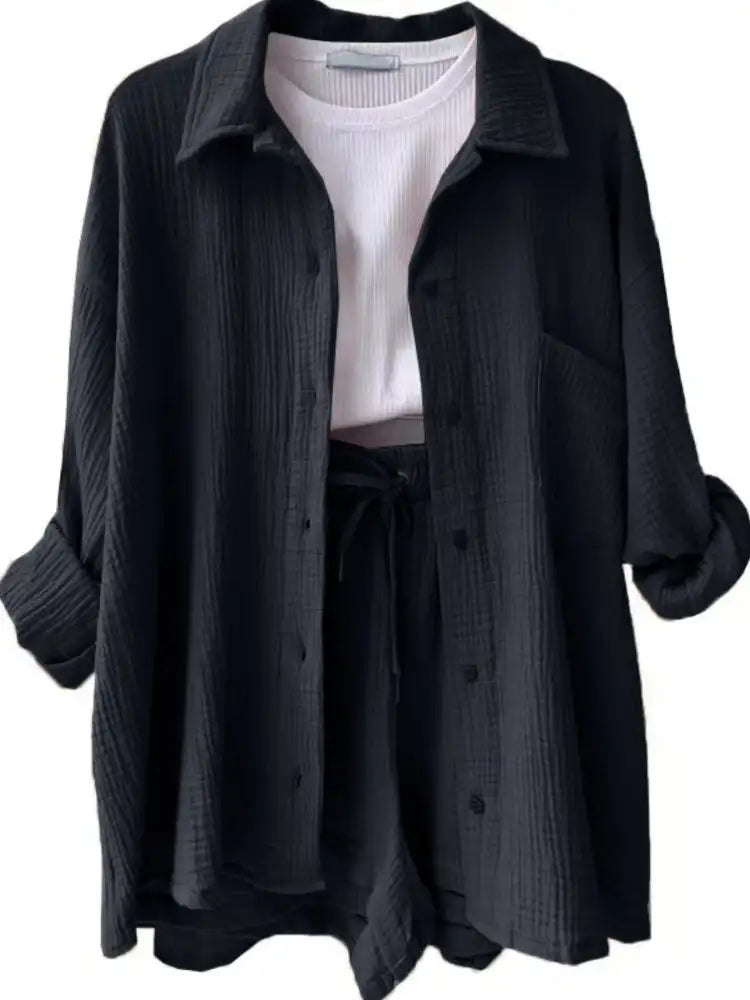 Textured Button Up Shirt and Shorts Set